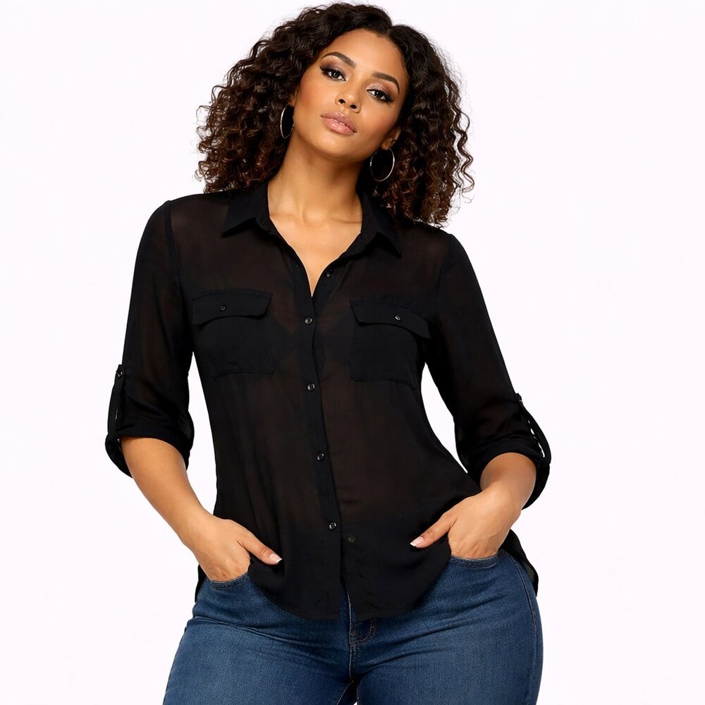 Rue21 Sheer Black Button-Down Blouse | Trendy Roll-Tab 3/4 Sleeve Top | Size S